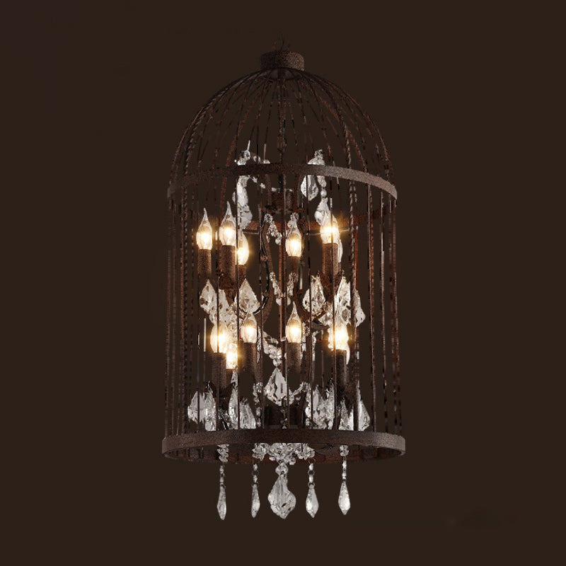Farm Style Birdcage Chandelier Lamp Metal Pendant Light with Clear Crystal Drapes