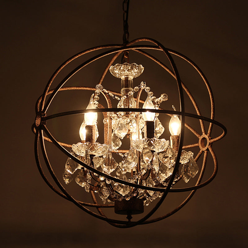 Wrought Iron Spherical Chandelier Pendant Rustic 4-Light Restaurant Hanging Light with Crystal Deco