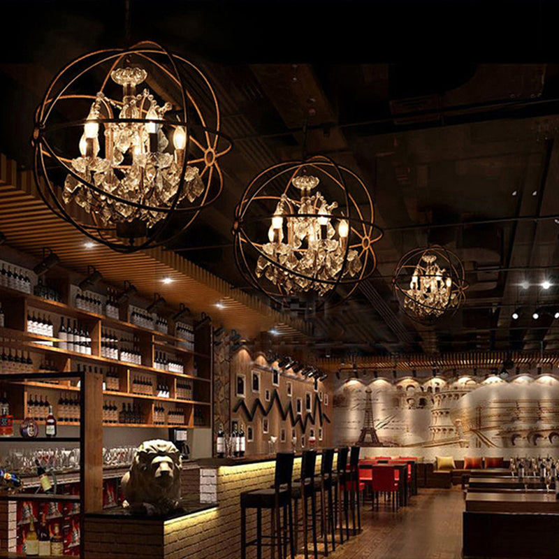 Wrought Iron Spherical Chandelier Pendant Rustic 4-Light Restaurant Hanging Light with Crystal Deco