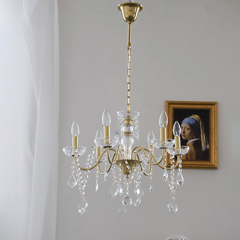 Faux Kerzenhänge hängende leichte ländliche Goldmetallkronleuchter mit klarem Kristallstrang