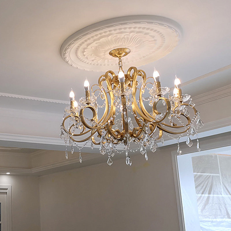 Crystal Draping Chandelier Lighting Rustic Gold Scrolling Arm Dining Room Pendant with Crystal Drop