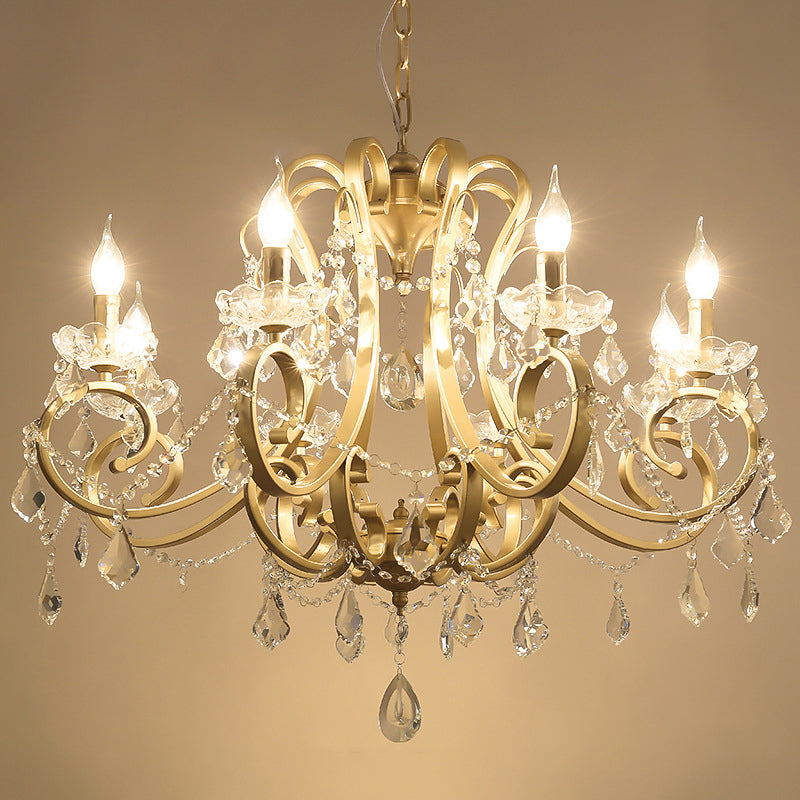 Crystal Draping Chandelier Lighting Rustic Gold Scrolling Arm Dining Room Pendant with Crystal Drop