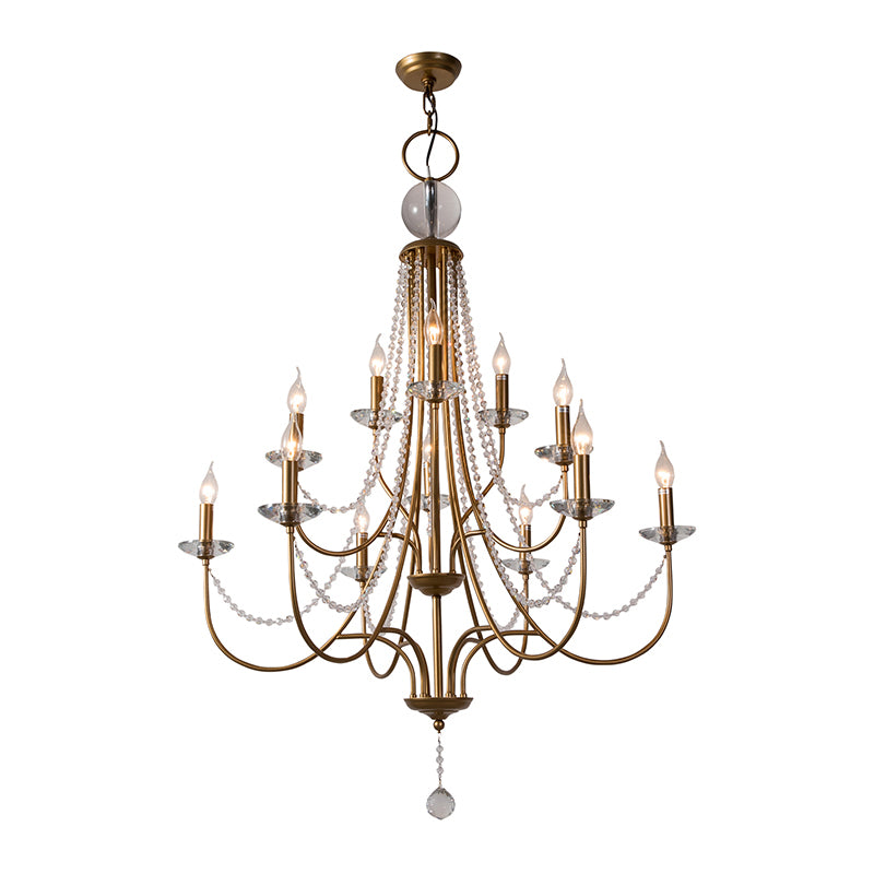 Country Style Candlestick Chandelier Metallic Hanging Light Kit with Crystal Strand
