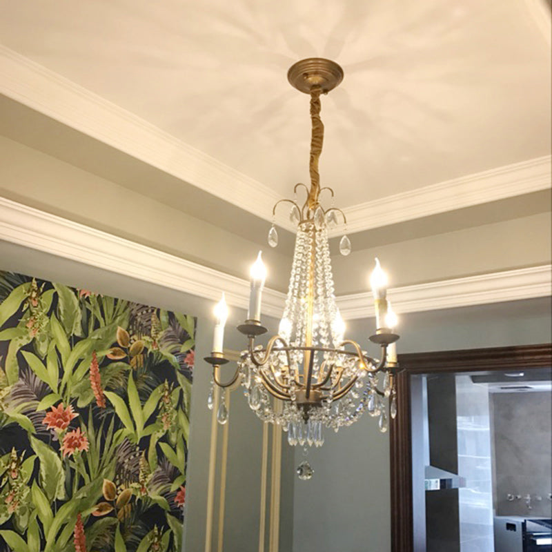 Bronze Finish Candle Chandelier Countryside Metal Living Room Ceiling Light with Crystal Drape