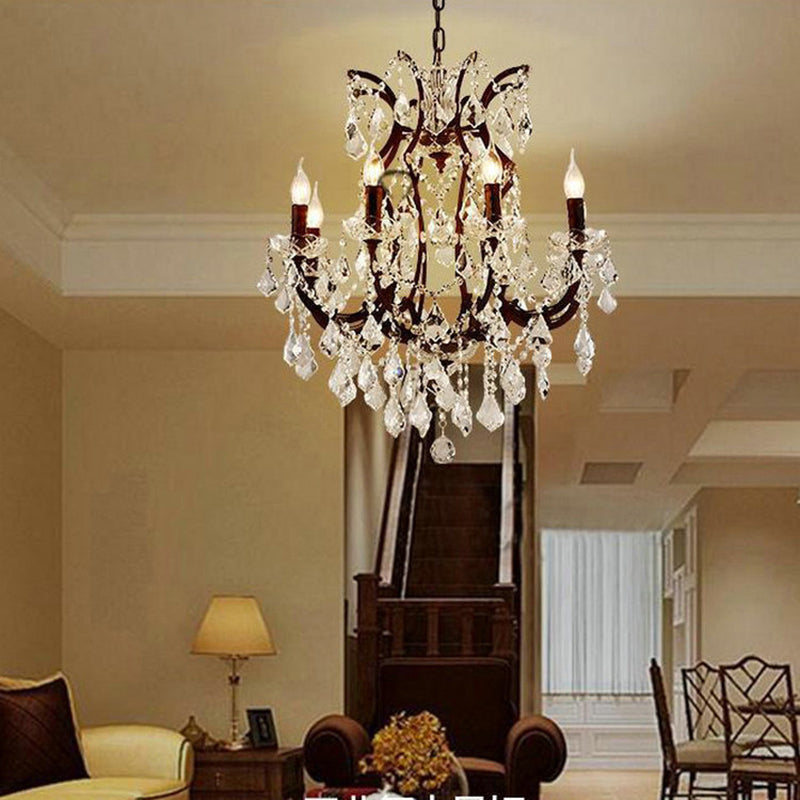 Vintage Candle Chandelier Pendant Light Crystal Draping Ceiling Hang Light in Rust