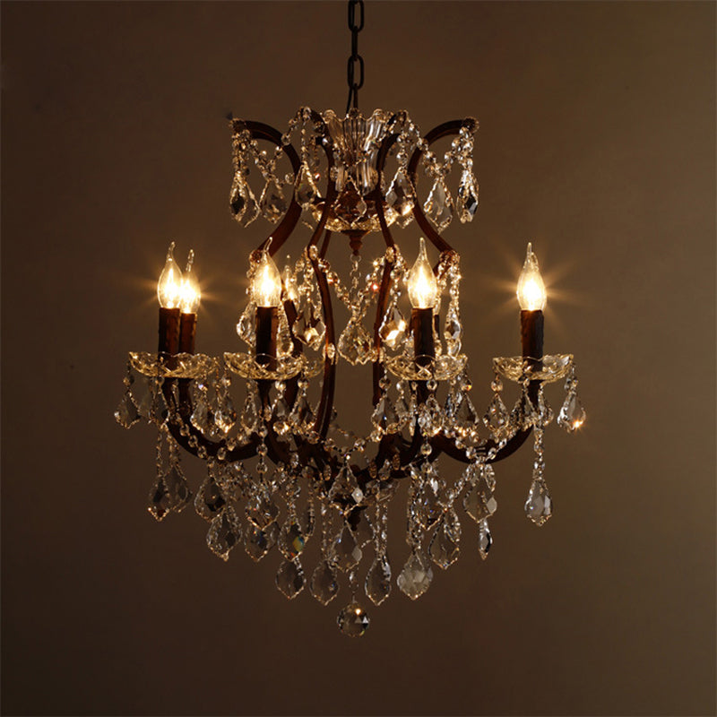 Vintage Candle Chandelier Pendant Light Crystal Draping Ceiling Hang Light in Rust