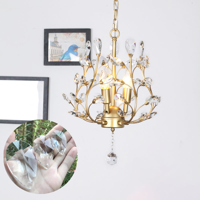 3-Bulb Branch Shaped Hanging Lamp Rural Beveled Crystal Ceiling Chandelier for Foyer
