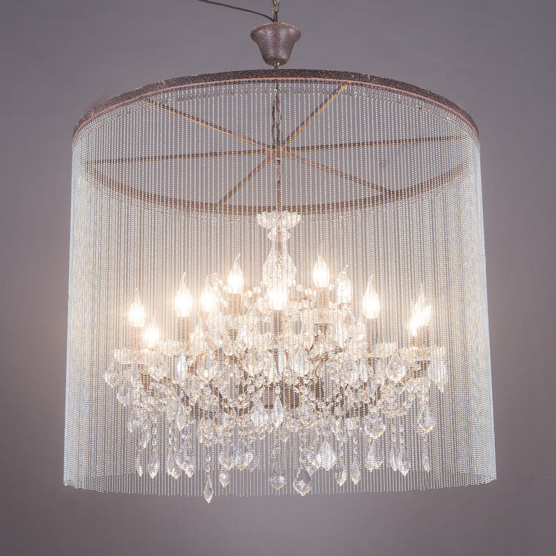 Crystal Candelabra Chandelier Retro 15 Heads Living Room Ceiling Light in Rust with Tassel Chain