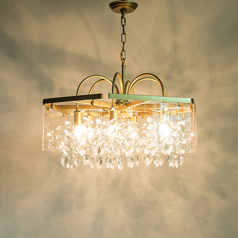 Gold Geometric Shaped Chandelier Antique Metal Dining Room Hanging Lighting with Crystal Drops
