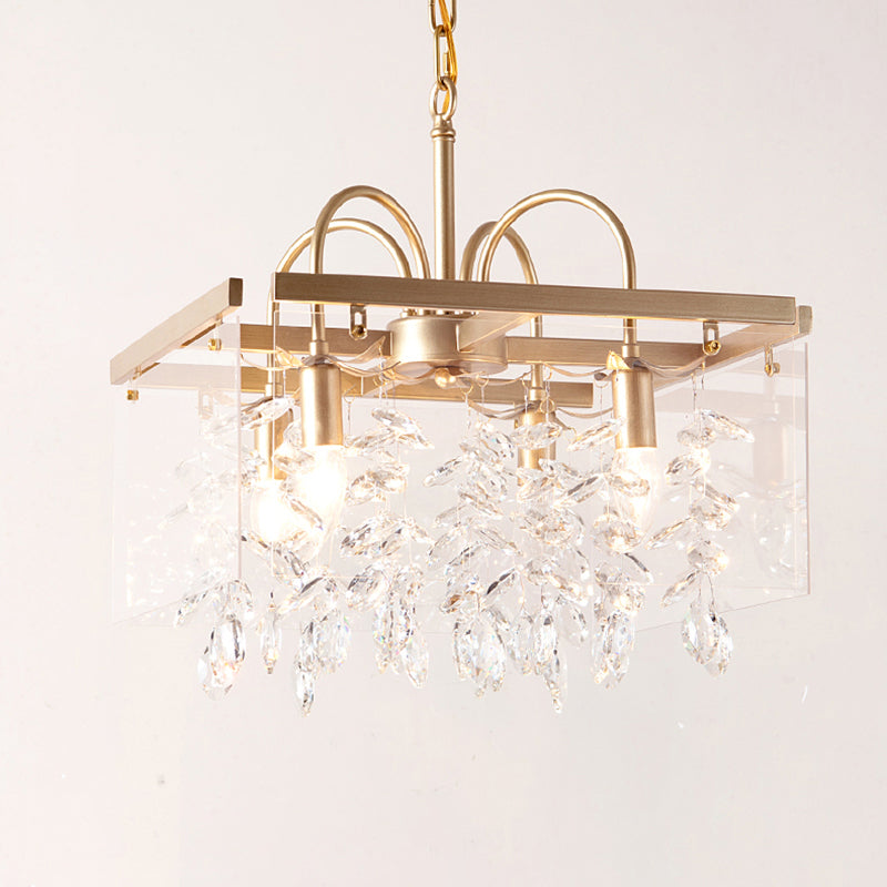 Gold Geometric Shaped Chandelier Antique Metal Dining Room Hanging Lighting with Crystal Drops