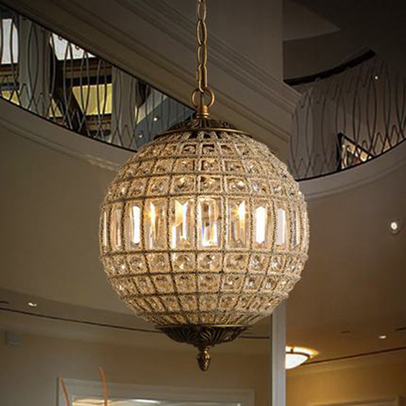 French Country Globe Pendant Chandelier Crystal-Encrusted Suspension Lamp in Brass