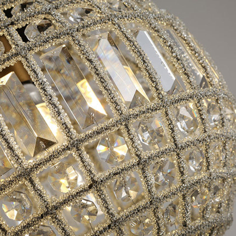 French Country Globe Pendant Chandelier Crystal-Encrusted Suspension Lamp in Brass