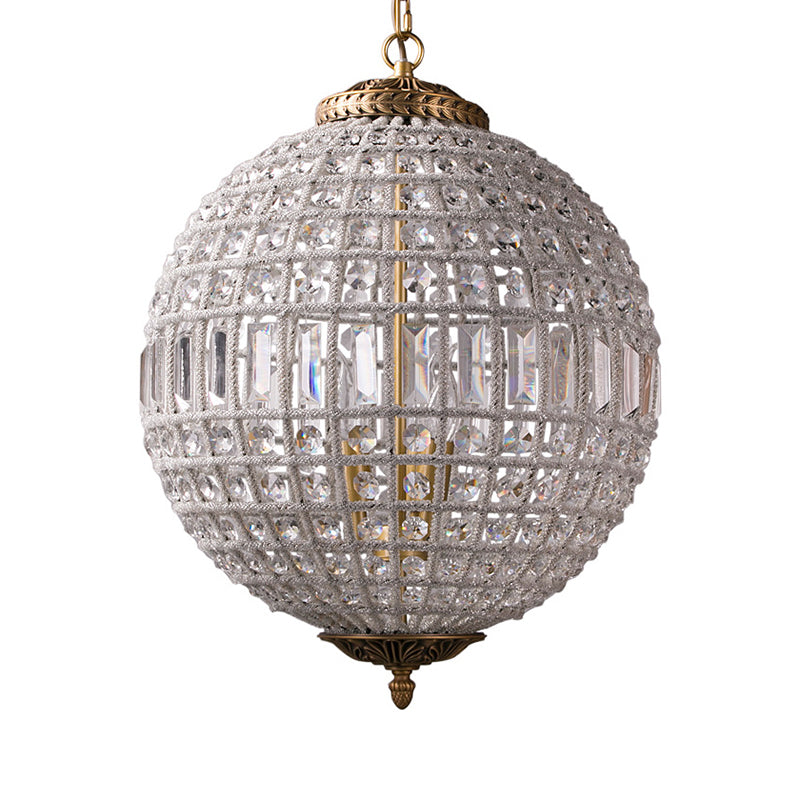 French Country Globe Pendant Chandelier Crystal-Encrusted Suspension Lamp in Brass