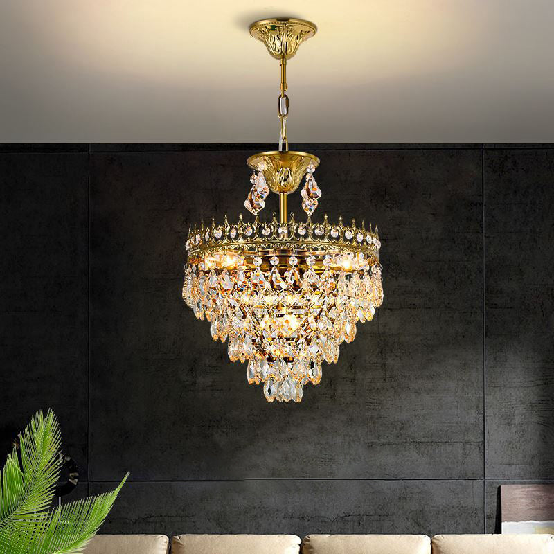 Victorian Crown Shaped Hanging Lamp Clear Teardrop Crystal Chandelier for Living Room