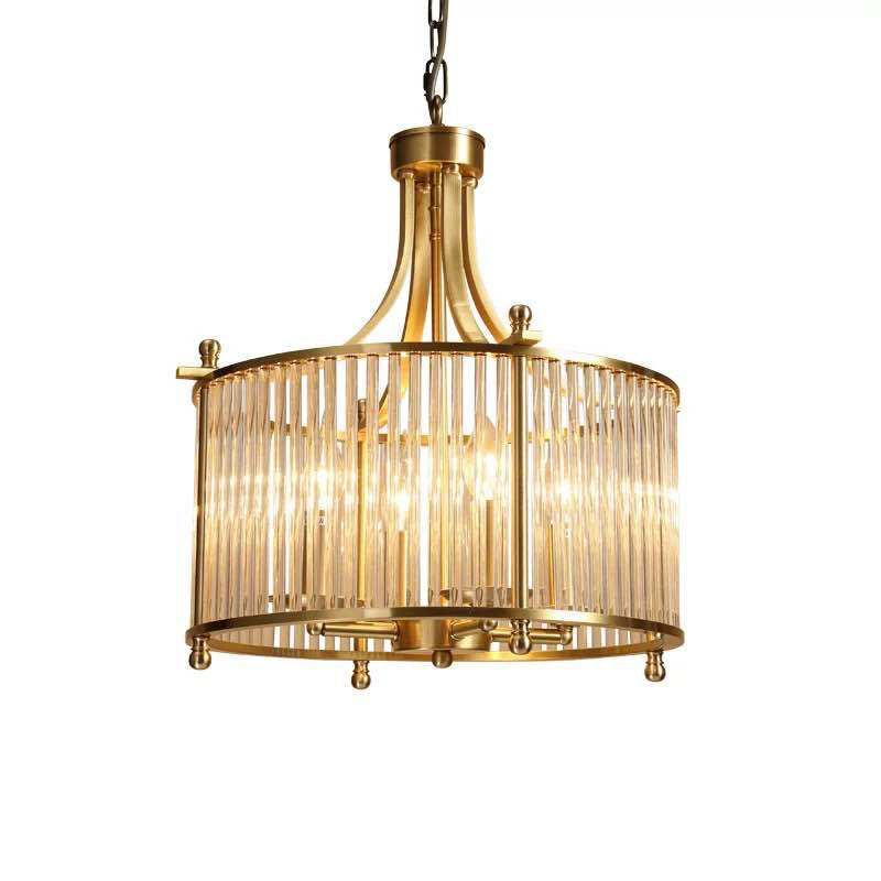 Drum Shaped Dining Room Chandelier Traditional Clear Glass Rod 4-Light Gold Ceiling Pendant