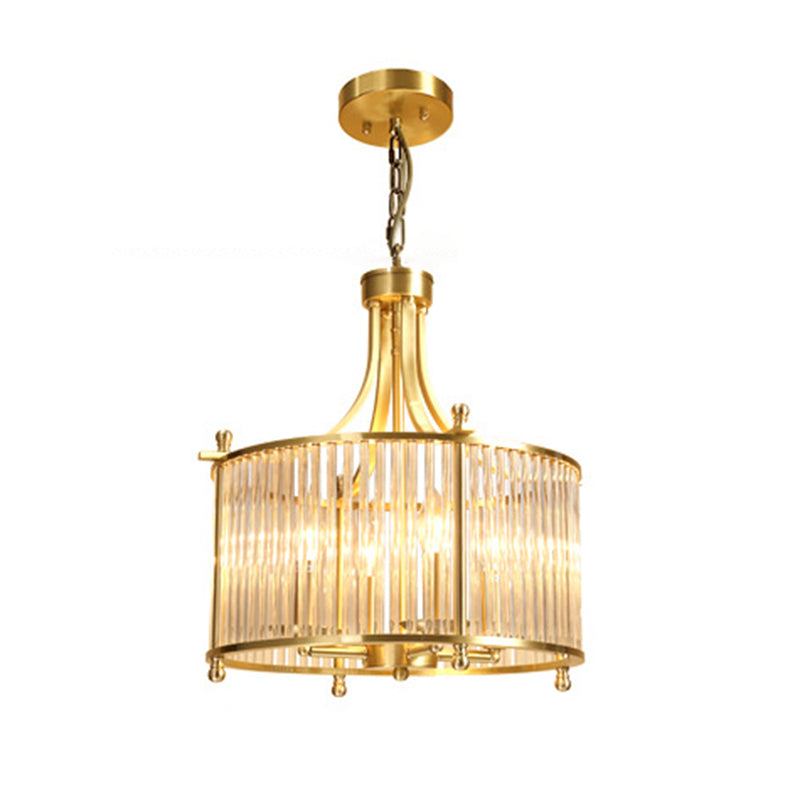 Drum Shaped Dining Room Chandelier Traditional Clear Glass Rod 4-Light Gold Ceiling Pendant