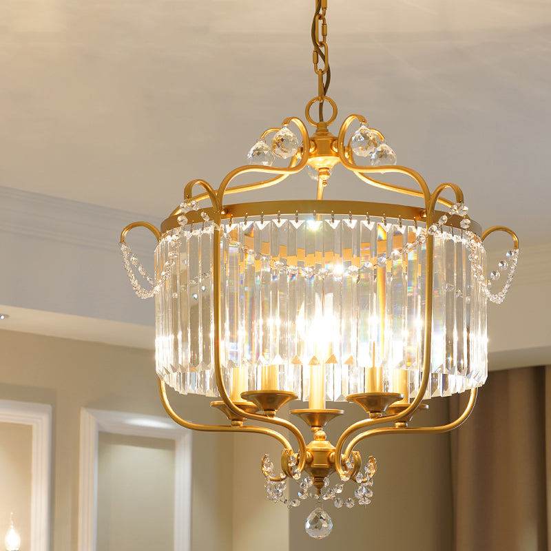Candle Ceiling Chandelier Retro Prismatic Crystal Hanging Lamp with Scroll Frame