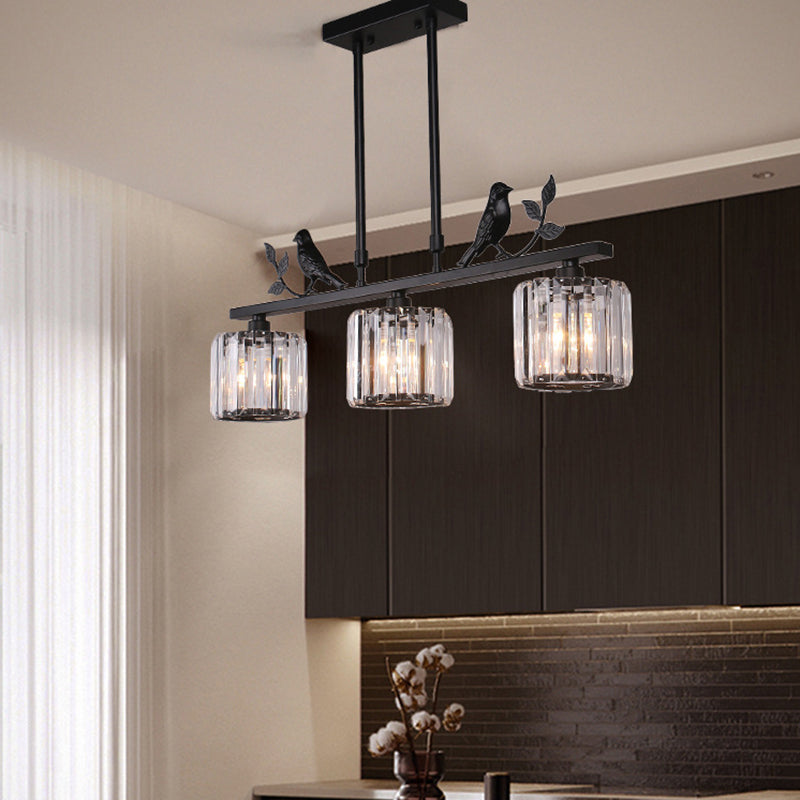 Crystal Prism Island Light Fixture Cylindrical 3-Bulb Lodge Pendant Light with Bird and Leaf Decor