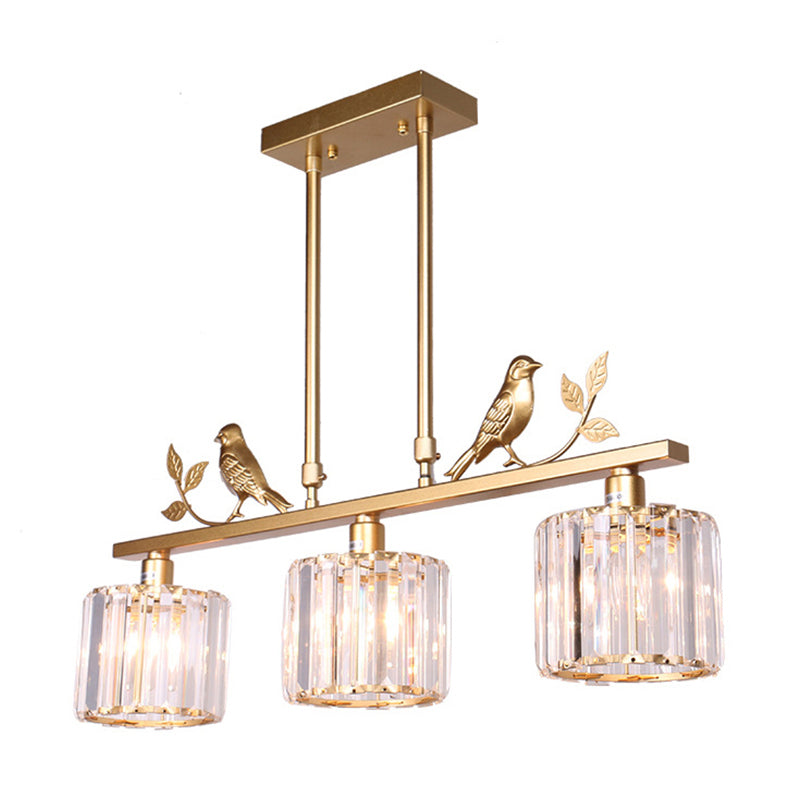 Crystal Prism Island Light Fixture Cylindrical 3-Bulb Lodge Pendant Light with Bird and Leaf Decor