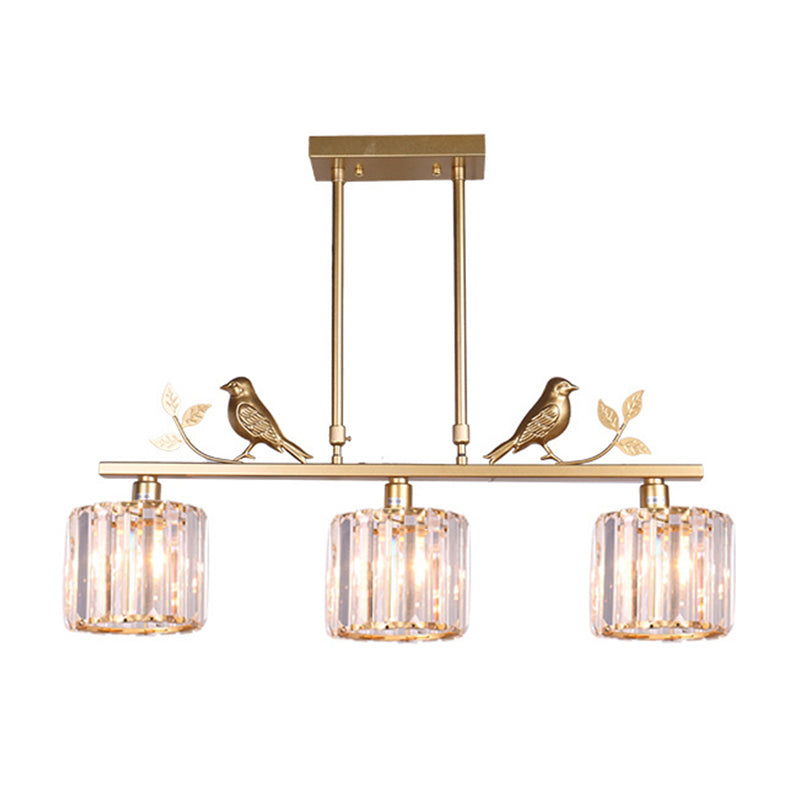 Crystal Prism Island Light Fixture Cylindrical 3-Bulb Lodge Pendant Light with Bird and Leaf Decor