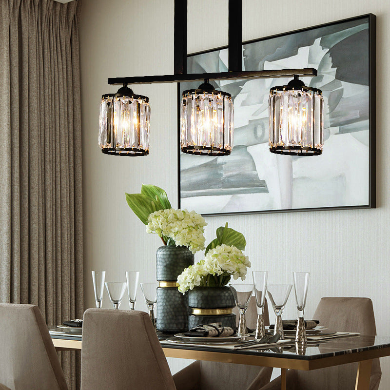 3-Light Cylindrical Island Pendant Rustic Black Prismatic Crystal Ceiling Pendant over Table