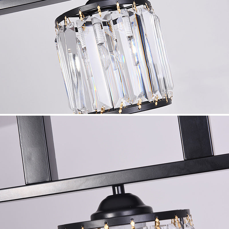 3-Light Cylindrical Island Pendant Rustic Black Prismatic Crystal Ceiling Pendant over Table