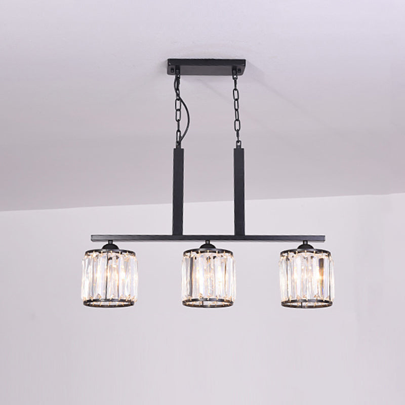 3-Light Cylindrical Island Pendant Rustic Black Prismatic Crystal Ceiling Pendant over Table