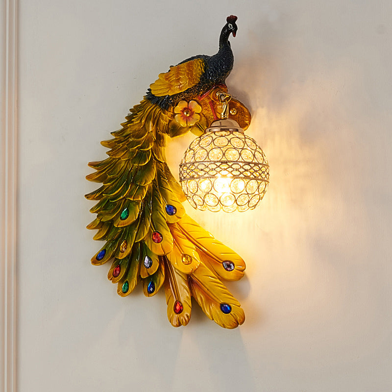 Peacock -vormige corridor wandlicht boerderij hars 1 lamp wand sconce met hemisfeer kristal schaduw