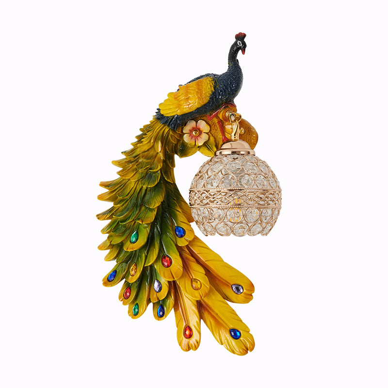 Peacock -vormige corridor wandlicht boerderij hars 1 lamp wand sconce met hemisfeer kristal schaduw