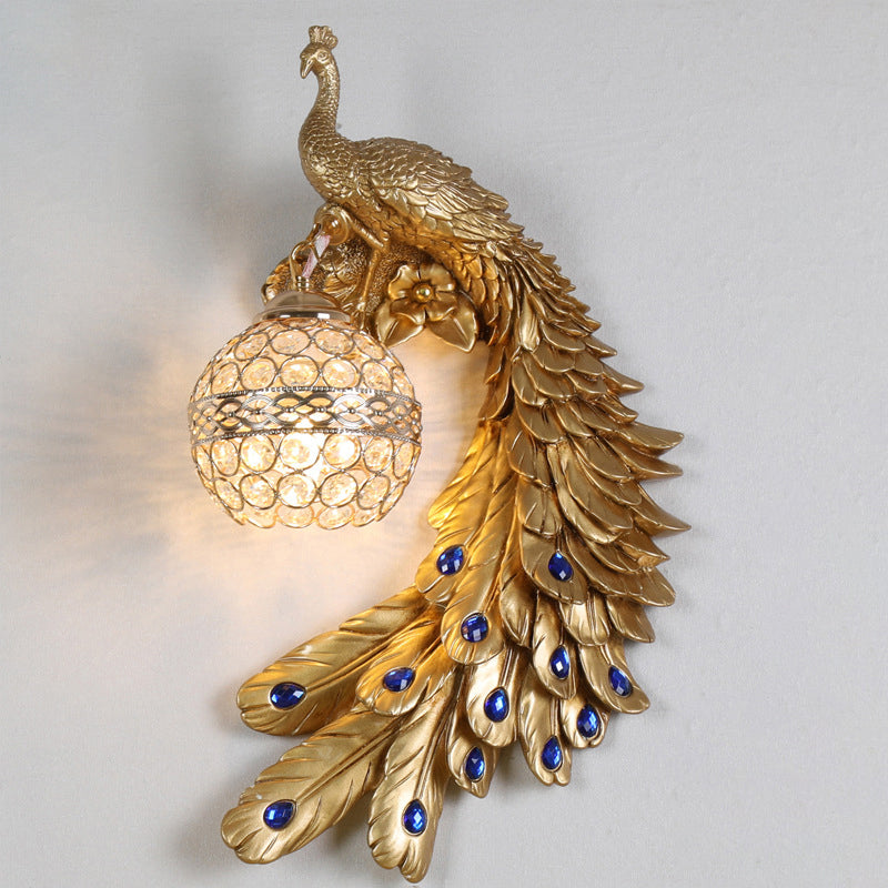 Peacock -vormige corridor wandlicht boerderij hars 1 lamp wand sconce met hemisfeer kristal schaduw