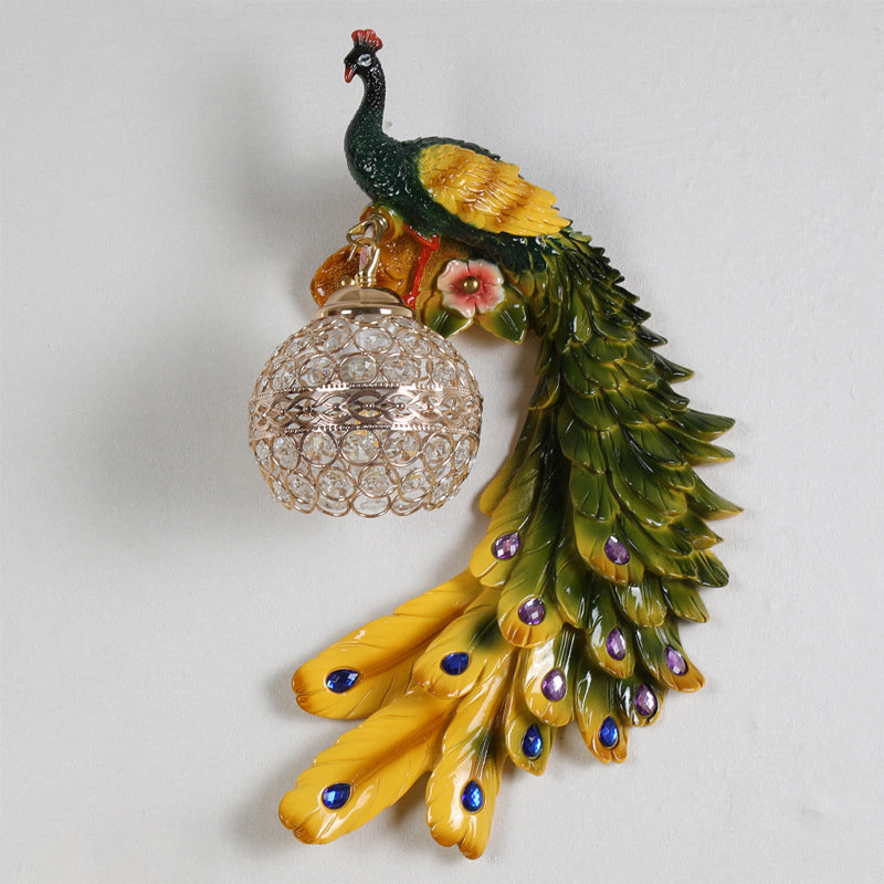 Peacock -vormige corridor wandlicht boerderij hars 1 lamp wand sconce met hemisfeer kristal schaduw