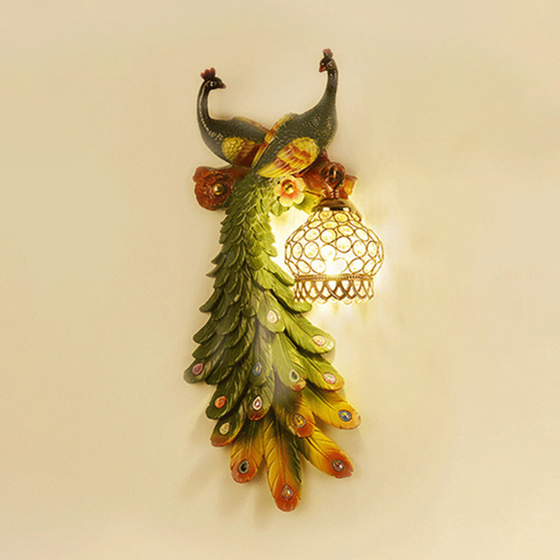 Kristall-verkrustete Laternenwand-Lampe rustikaler 1-Licht-Wohnzimmerleuchter mit mehrfarbigem Pfauen-Deko