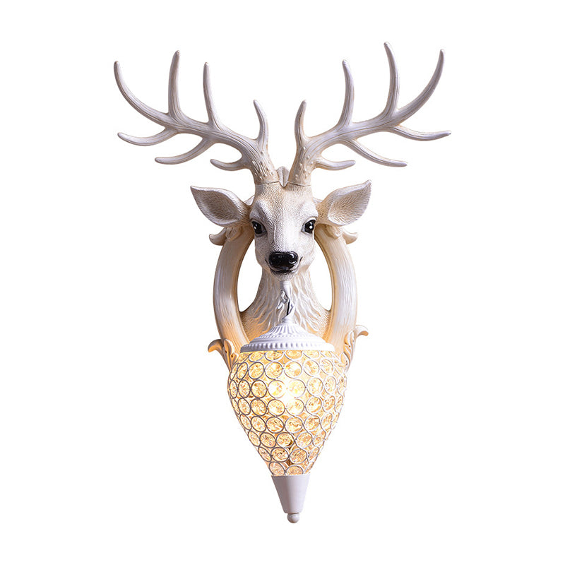 Lodge Deer Head Wall Light Fixture 1 Bulb Resin Wall Sconce with Teardrop Crystal Shade