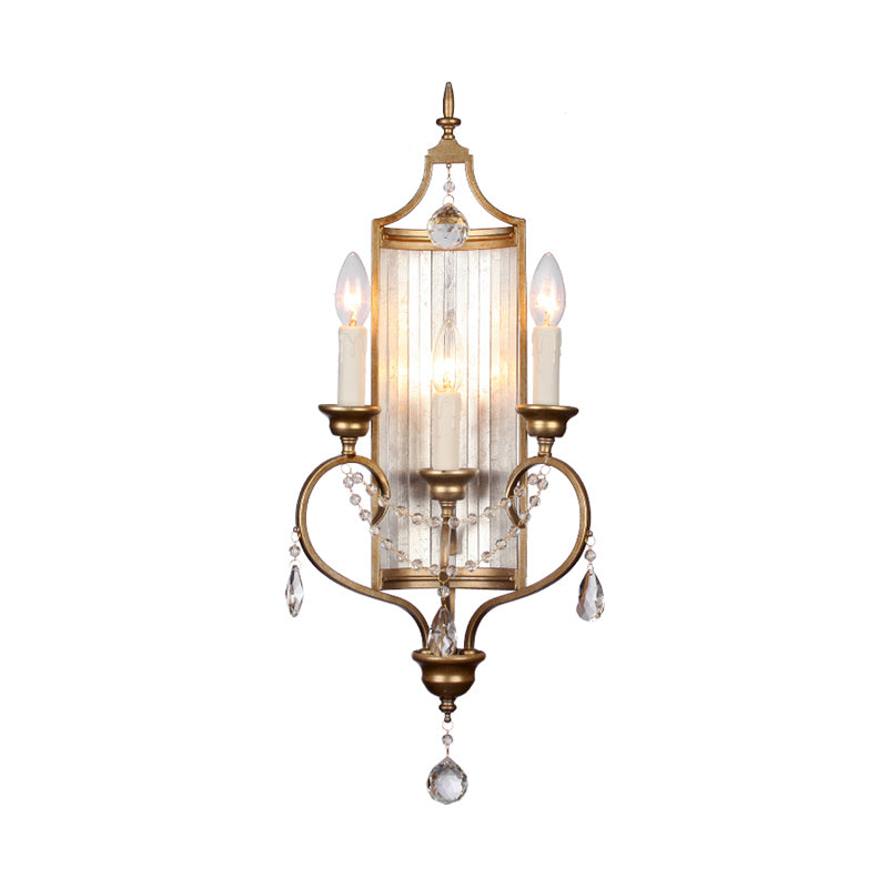 French Country Candle Sconce Lamp 3-Light Metallic Wall Lamp in Gold with Crystal Deco
