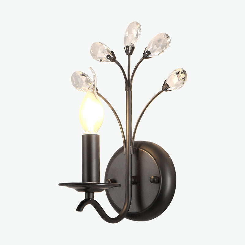 Single-Bulb Candle Wall Sconce Farmhouse Black Metal Wall Light with Crystal Twig