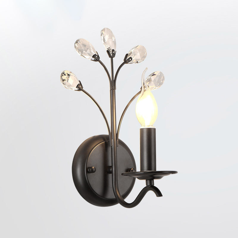Single-Bulb Candle Wall Sconce Farmhouse Black Metal Wall Light with Crystal Twig