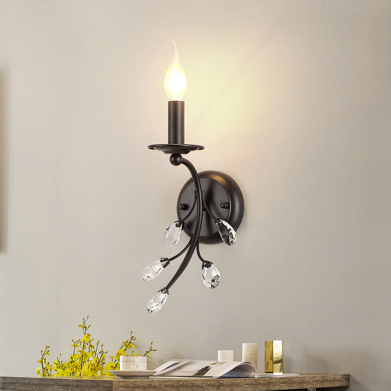 Single-Bulb Candle Wall Sconce Farmhouse Black Metal Wall Light with Crystal Twig