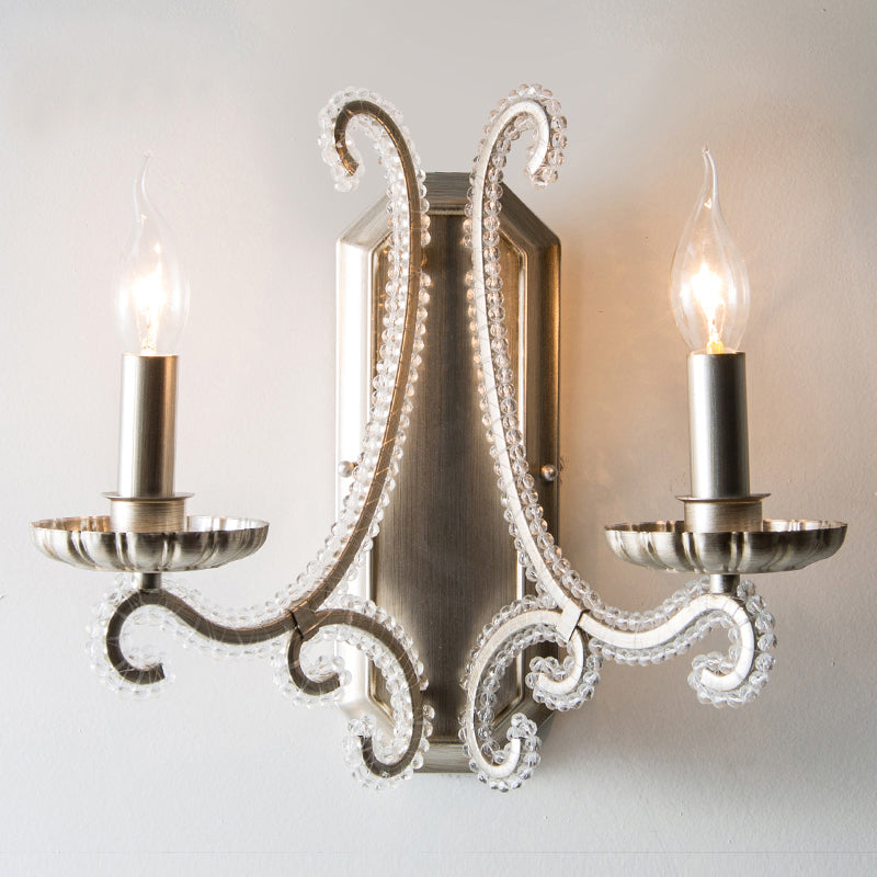 Metal Candle Wall Mounted Light Rustic Bedside Sconce Lighting Fixture with Crystal Bead