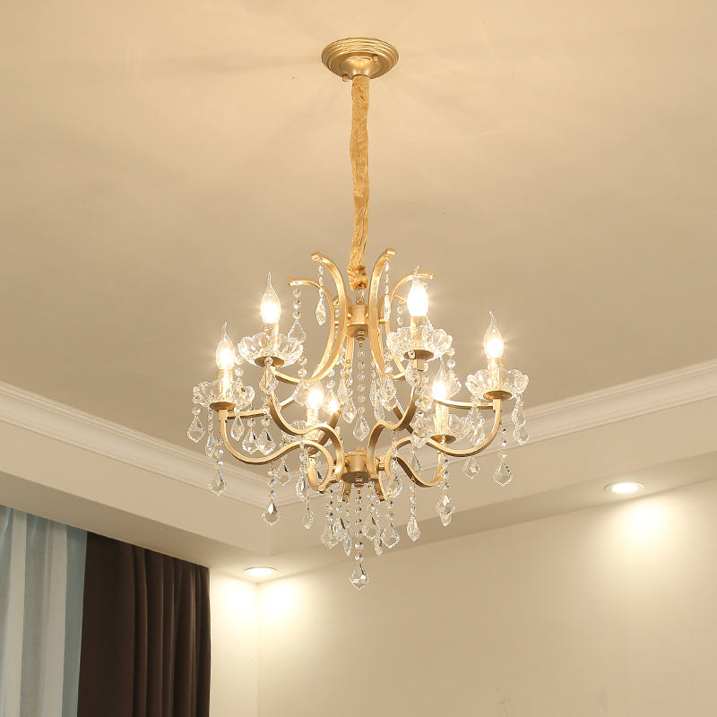 Luz de techo colgante de estilo de araña chapada en oro de metal con drapeado de cristal