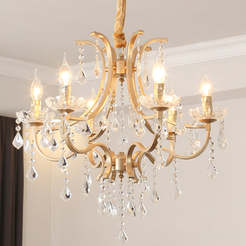 Luz de techo colgante de estilo de araña chapada en oro de metal con drapeado de cristal