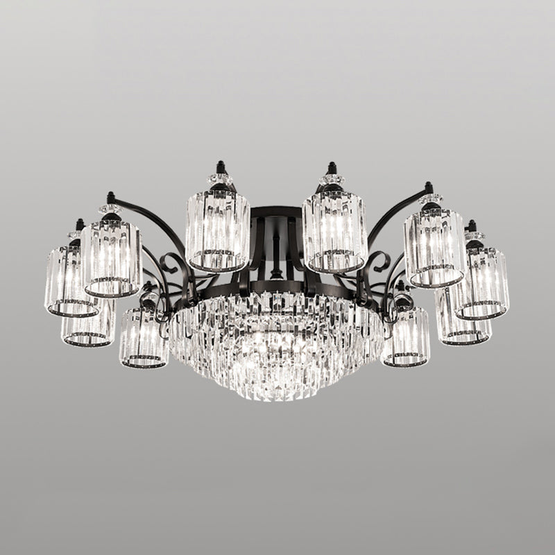 Cylindrical Crystal Flush Mount Light Modern Dining Room Semi Flush Ceiling Light in Black