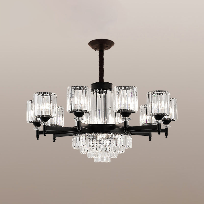 Black Chandelier Lighting Vintage Rectangular-Cut Crystal Cylinder Ceiling Light Fixture