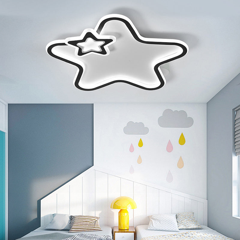 Kids Star-Shaped Flush Mount Fixture Aluminum and Acrylic LED Children Room Black/White Ceiling Lighting, Warm/White Light