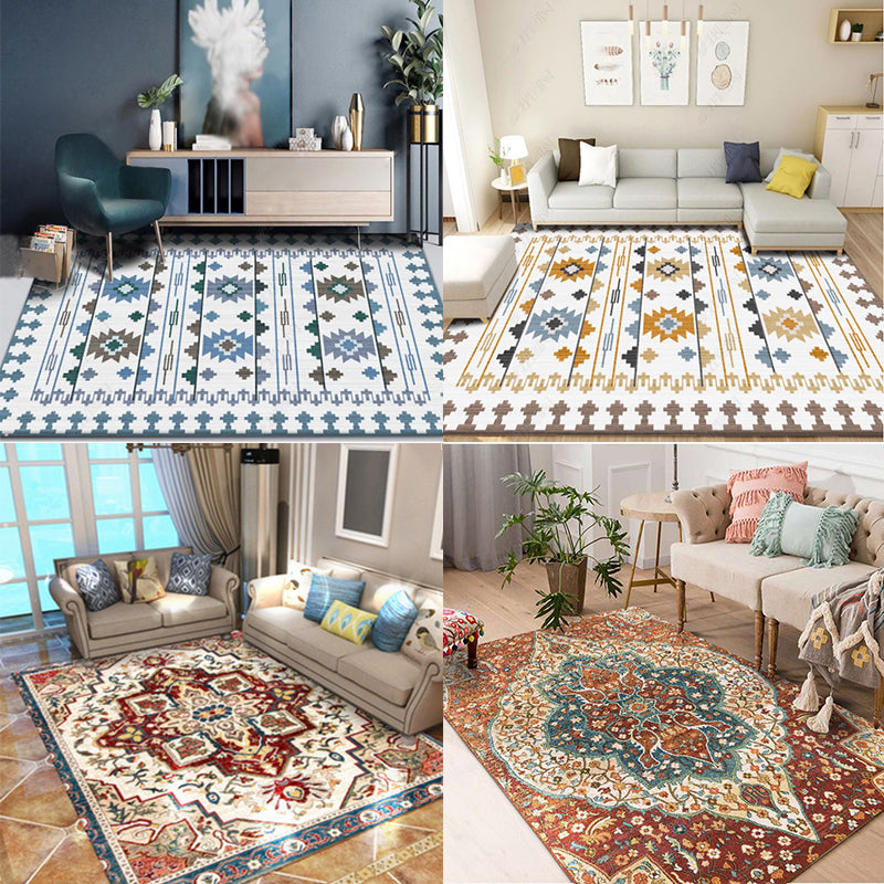 Rustic Tribal Patterned Rug Multi Colored Bohemia Rug Polyester Washable Non-Slip Backing Pet Friendly Carpet for Home