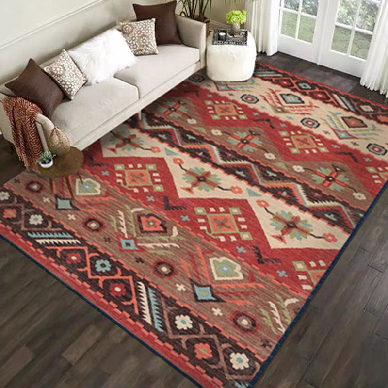 Rustic Tribal Patterned Rug Multi Colored Bohemia Rug Polyester Washable Non-Slip Backing Pet Friendly Carpet for Home