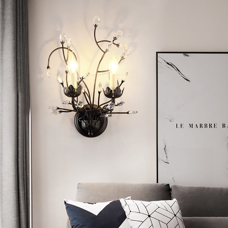 Applexion de fleur noire Lumière antique 2 lumières Mont en métal Mount Lumière avec accent en cristal pour le salon