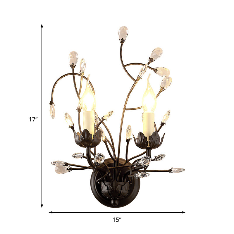 Black Flower Sconce Light Antique 2 Lights Metal Wall Mount Light with Crystal Accent for Living Room