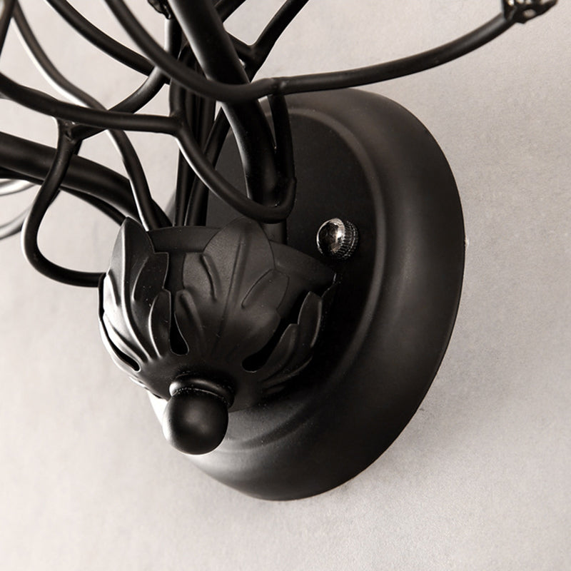 Black Flower Sconce Light Antique 2 Lights Metal Wall Mount Light with Crystal Accent for Living Room