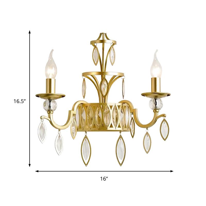 Candelabra Metal Wall Mounted Light Rustic 2 Lights Brass Sconce Light with Teardrop Crystal Drop