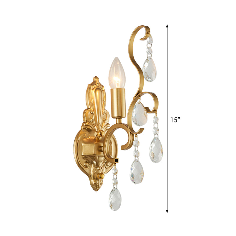 Brass Curve Arm Wall Mount Light Modernism 1/2 Lights Metal Flush Mount Wall Sconce with Teardrop Crystal Decoration